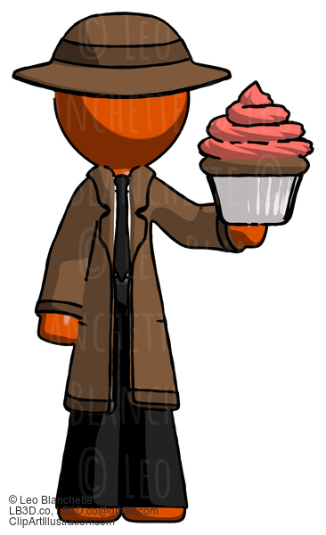 Orange Detective Man Presenting Pink Cupcake To Viewer #1296