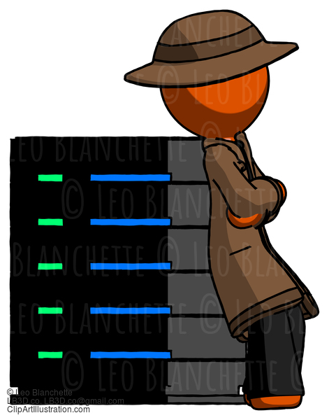 Orange Detective Man Resting Against Server Rack Viewed At Angle #1297