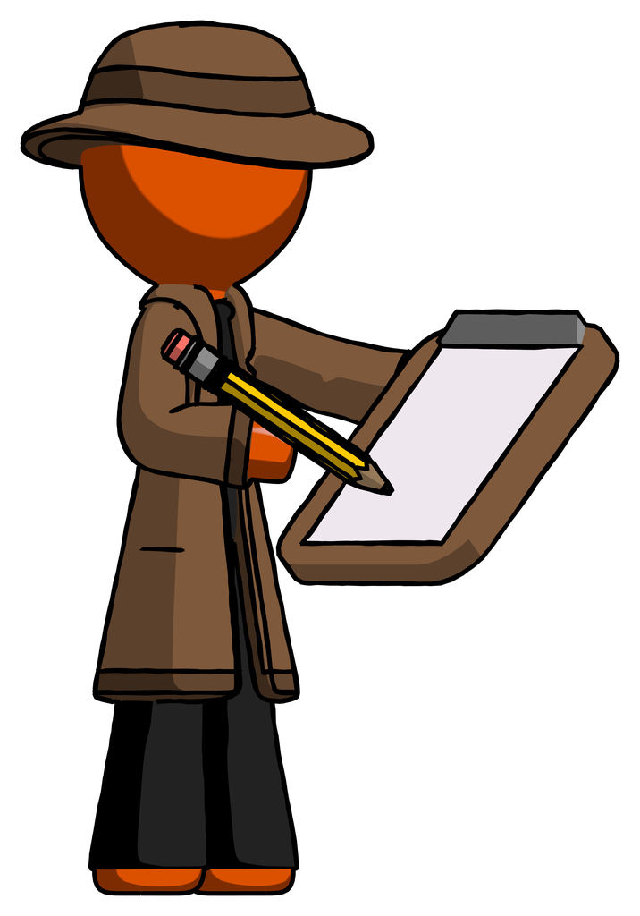 Orange Detective Man Using Clipboard And Pencil