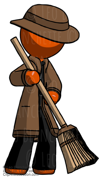 Orange Detective Man Sweeping Area With Broom #1314