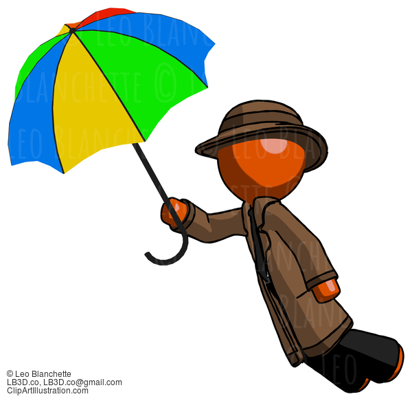 Orange Detective Man Flying With Rainbow Colored Umbrella #1319