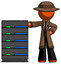 Orange Detective Man With Server Rack Leaning Confidently Against It