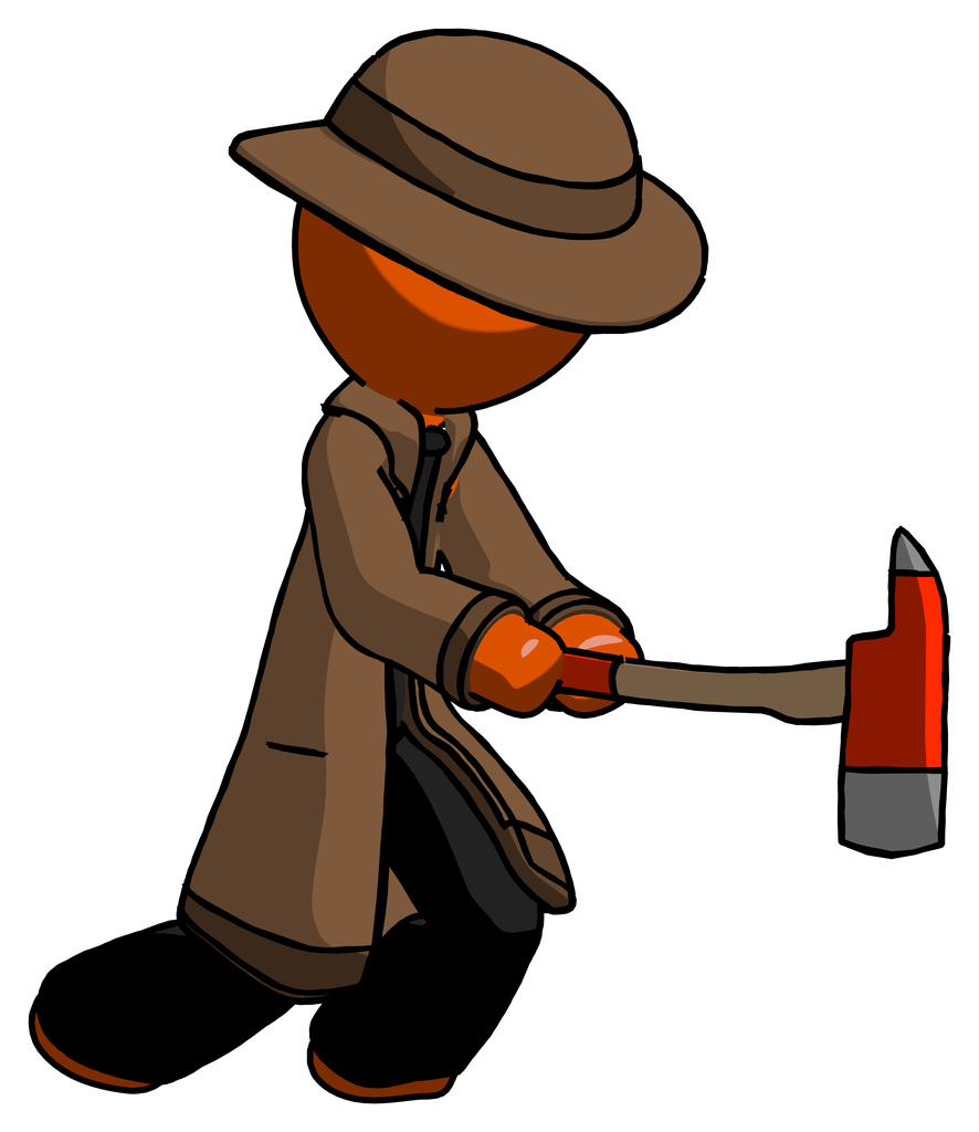 Orange Detective Man with ax hitting, striking, or chopping