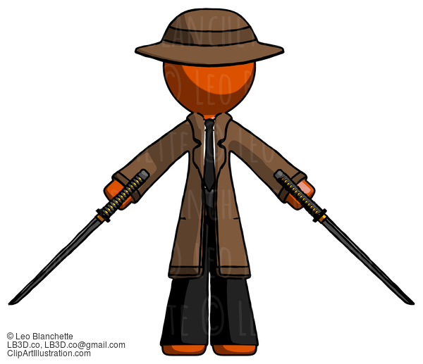 Orange Detective Man Posing With Two Ninja Sword Katanas #1360