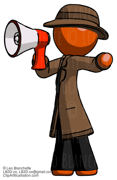 Orange Detective Man Shouting Into Megaphone Bullhorn Facing Left #1368