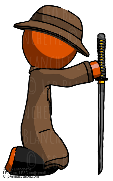 Orange Detective Man Kneeling With Ninja Sword Katana Showing Respect #1372