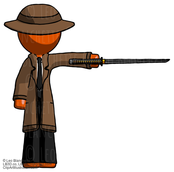 Orange Detective Man Standing With Ninja Sword Katana Pointing Right #1374