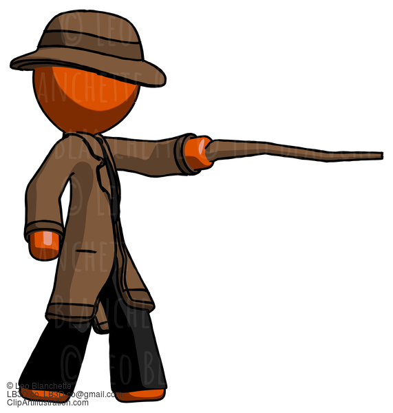 Orange Detective Man Pointing With Hiking Stick #1378