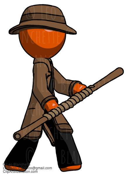 Orange Detective Man Holding Bo Staff In Sideways Defense Pose #1383