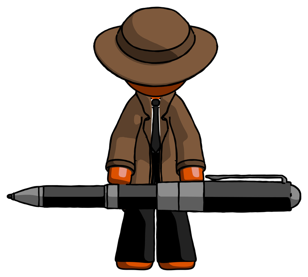 Orange Detective Man weightlifting a giant pen