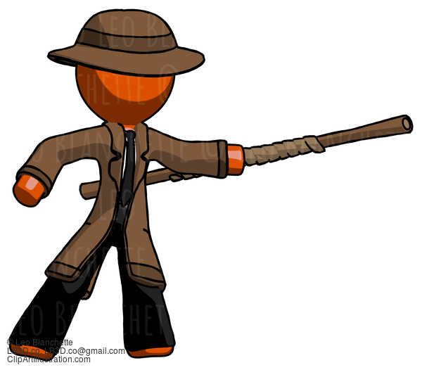 Orange Detective Man Bo Staff Pointing Right Kung Fu Pose #1385