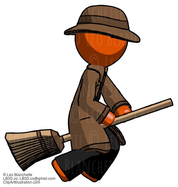 Orange Detective Man Flying On Broom #1391