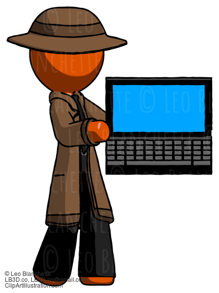 Orange Detective Man Holding Laptop Computer Presenting Something On Screen #1399