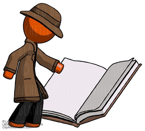 Orange Detective Man Reading Big Book While Standing Beside It #1402