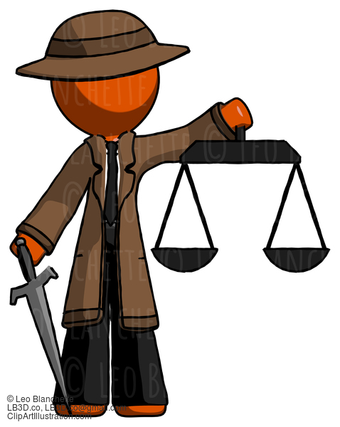 Orange Detective Man Justice Concept With Scales And Sword, Justicia Derived #1403