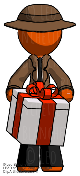 Orange Detective Man Gifting Present With Large Bow Front View #1404