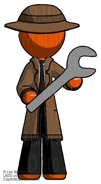 Orange Detective Man Holding Large Wrench With Both Hands #1423