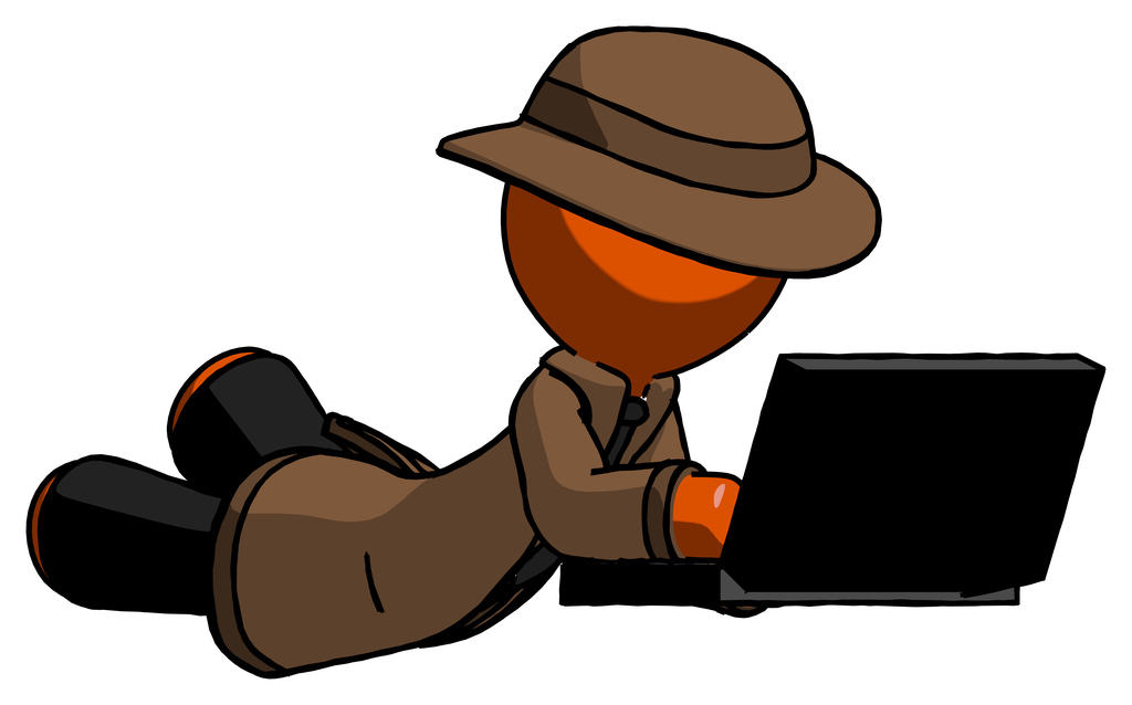 Orange Detective Man using laptop computer while lying on floor side angled view