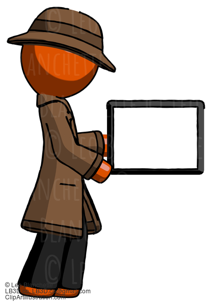 Orange Detective Man Show Tablet Device Computer To Viewer, Blank Area #1433