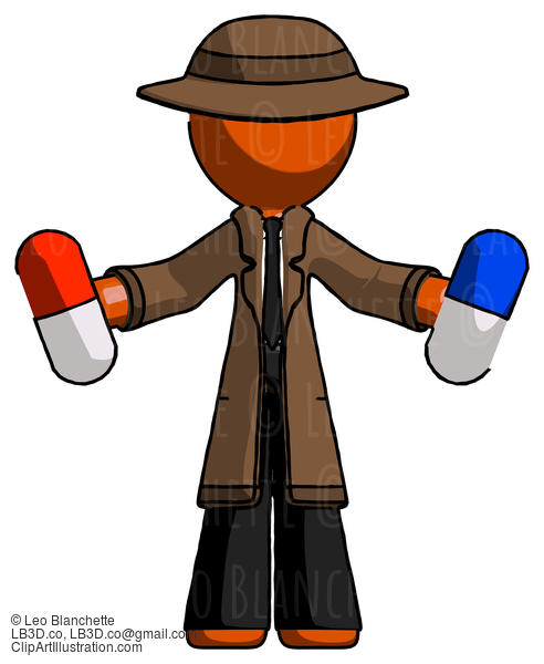 Orange Detective Man Holding A Red Pill And Blue Pill #1439