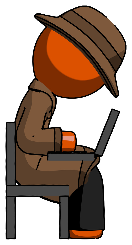 Orange Detective Man using laptop computer while sitting in chair view from side