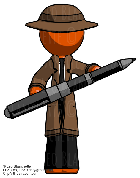 Orange Detective Man Posing Confidently With Giant Pen #1442