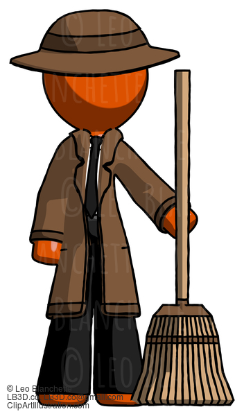 Orange Detective Man Standing With Broom Cleaning Services #1446