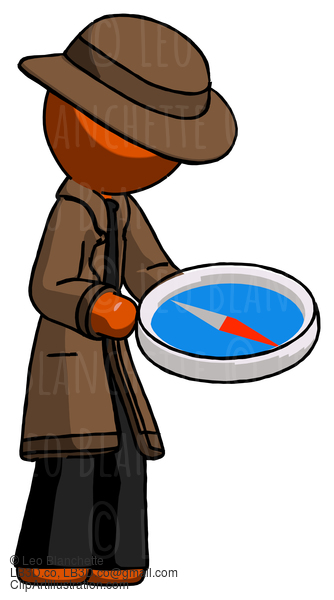 Orange Detective Man Looking At Large Compass Facing Right #1449