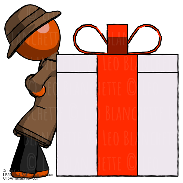 Orange Detective Man Gift Concept - Leaning Against Large Present #1451