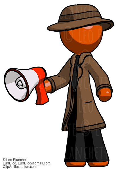 Orange Detective Man Holding Megaphone Bullhorn Facing Right #1494