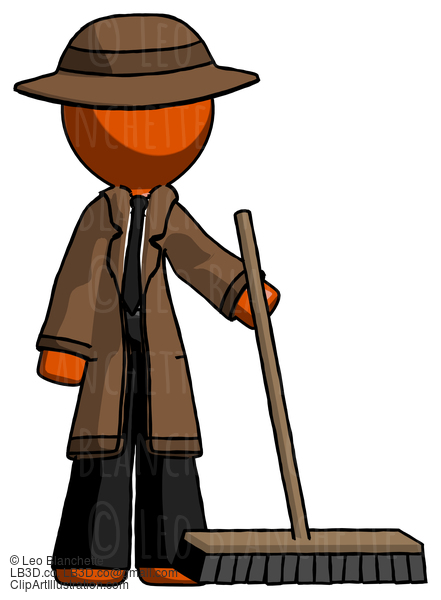 Orange Detective Man Standing With Industrial Broom #1495