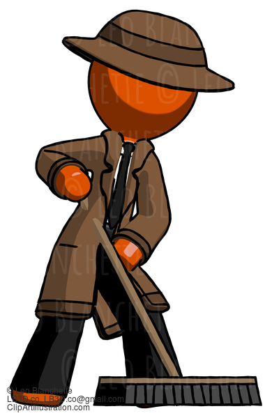 Orange Detective Man Cleaning Services Janitor Sweeping Floor With Push Broom #1501