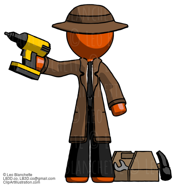 Orange Detective Man Holding Drill Ready To Work, Toolchest And Tools To Right #1508