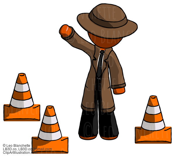 Orange Detective Man Standing By Traffic Cones Waving #1510