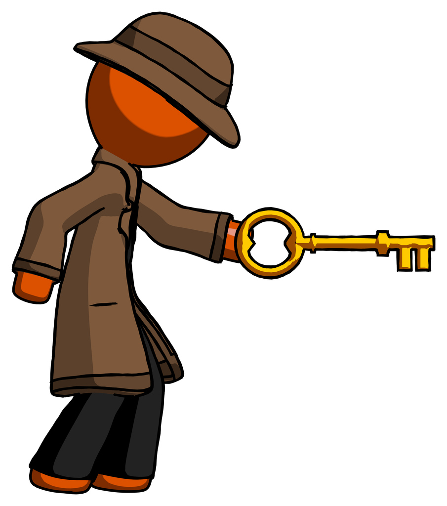 Orange Detective Man with big key of gold opening something