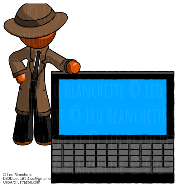 Orange Detective Man Beside Large Laptop Computer, Leaning Against It #1521