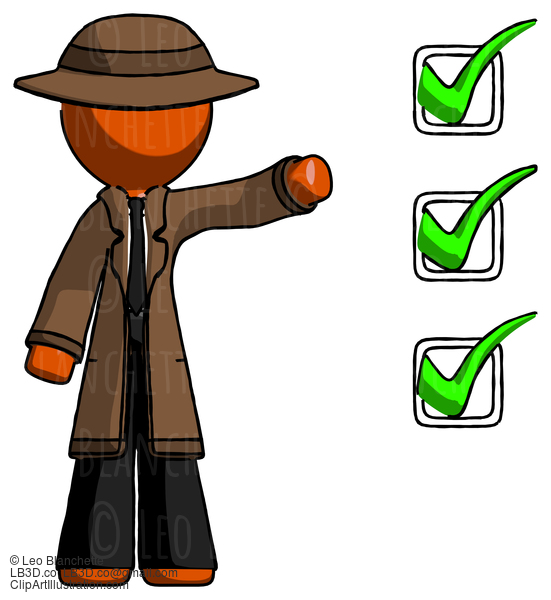 Orange Detective Man Standing By List Of Checkmarks #1522