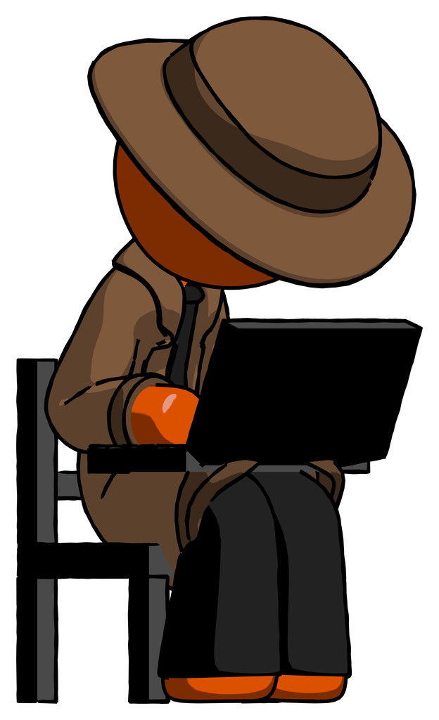 Orange Detective Man using laptop computer while sitting in chair angled right