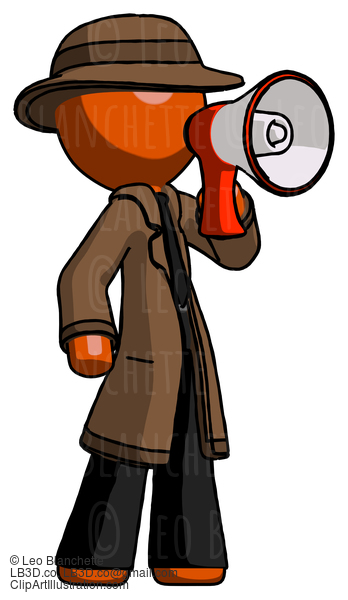 Orange Detective Man Shouting Into Megaphone Bullhorn Facing Right #1536