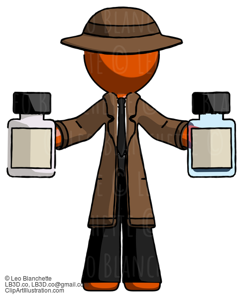 Orange Detective Man Holding Two Medicine Bottles #1547