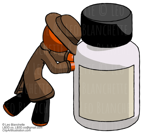 Orange Detective Man Pushing Large Medicine Bottle #1549