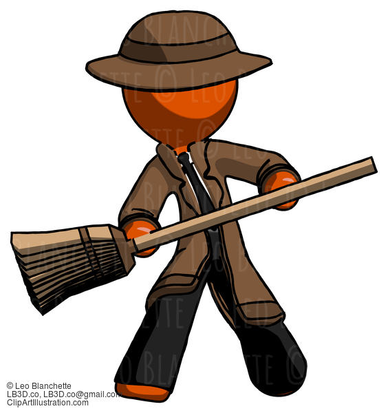 Orange Detective Man Broom Fighter Defense Pose #1555