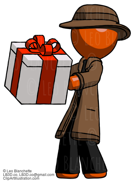 Orange Detective Man Presenting A Present With Large Red Bow On It #1558