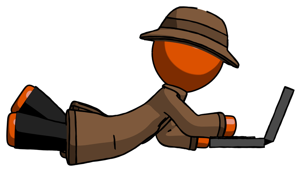 Orange Detective Man using laptop computer while lying on floor side view