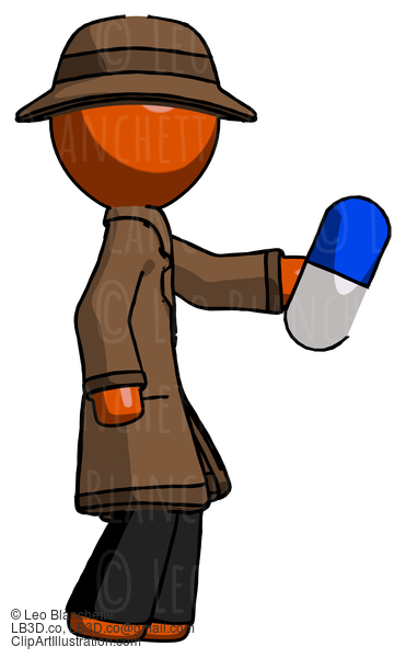 Orange Detective Man Holding Blue Pill Walking To Right #1564