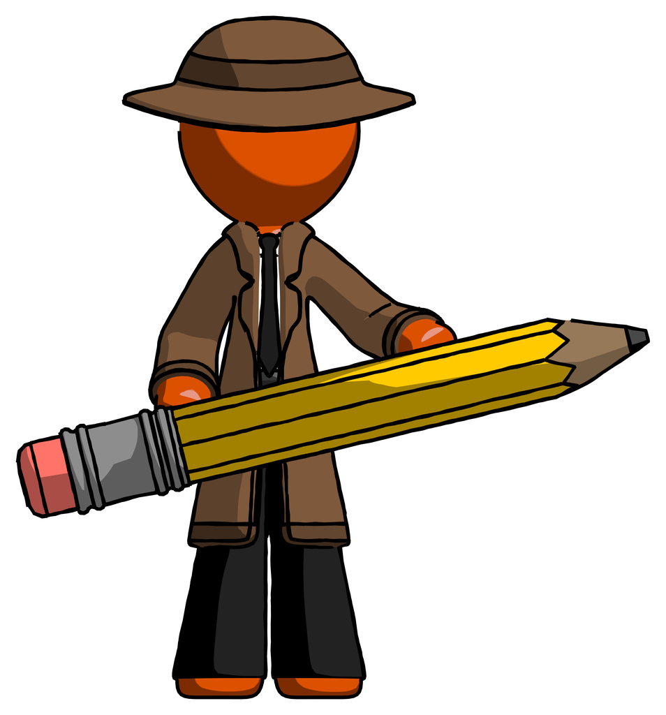 Orange Detective Man writer or blogger holding large pencil