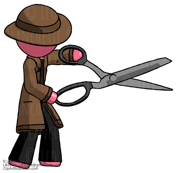 Pink Detective Man Holding Giant Scissors Cutting Out Something #1587