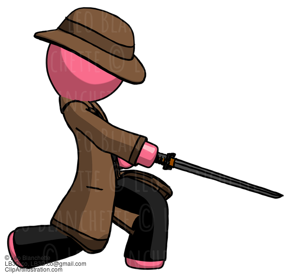 Pink Detective Man With Ninja Sword Katana Slicing Or Striking Something #1590