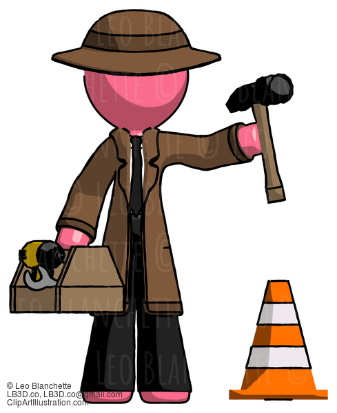 Pink Detective Man Under Construction Concept, Traffic Cone And Tools #1591