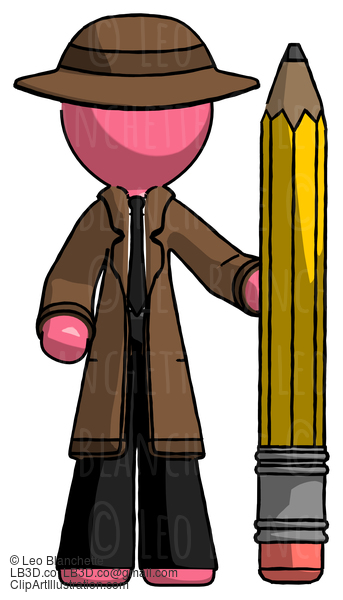 Pink Detective Man With Large Pencil Standing Ready To Write #1595